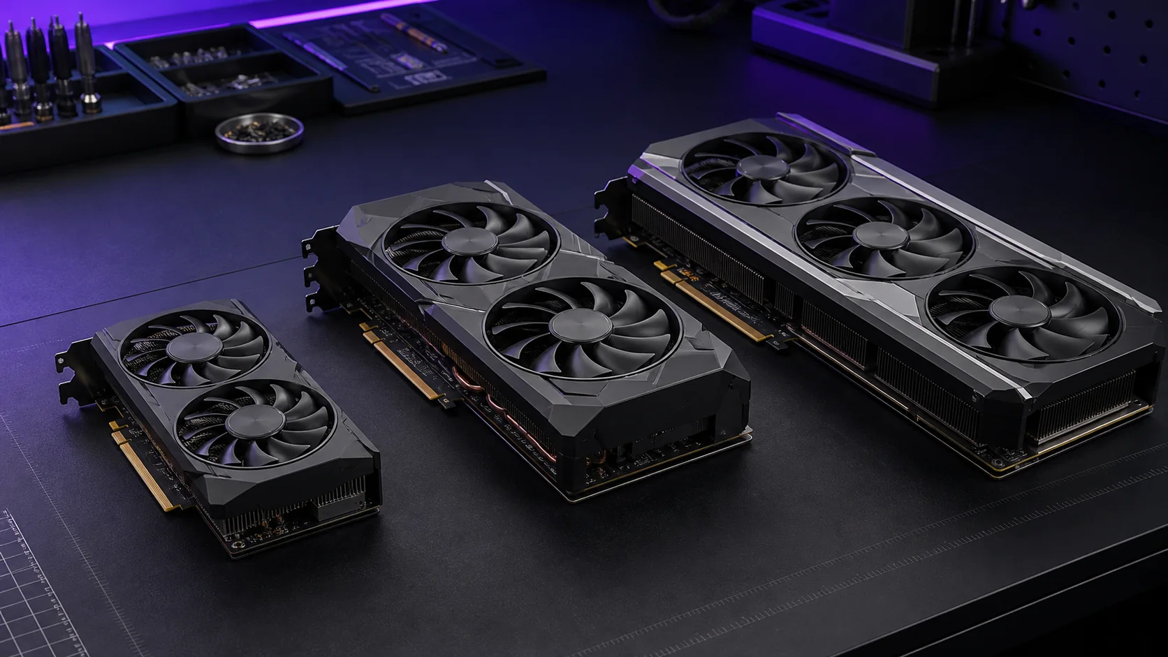 Three graphics cards with different sizes and cooling fan arrangements