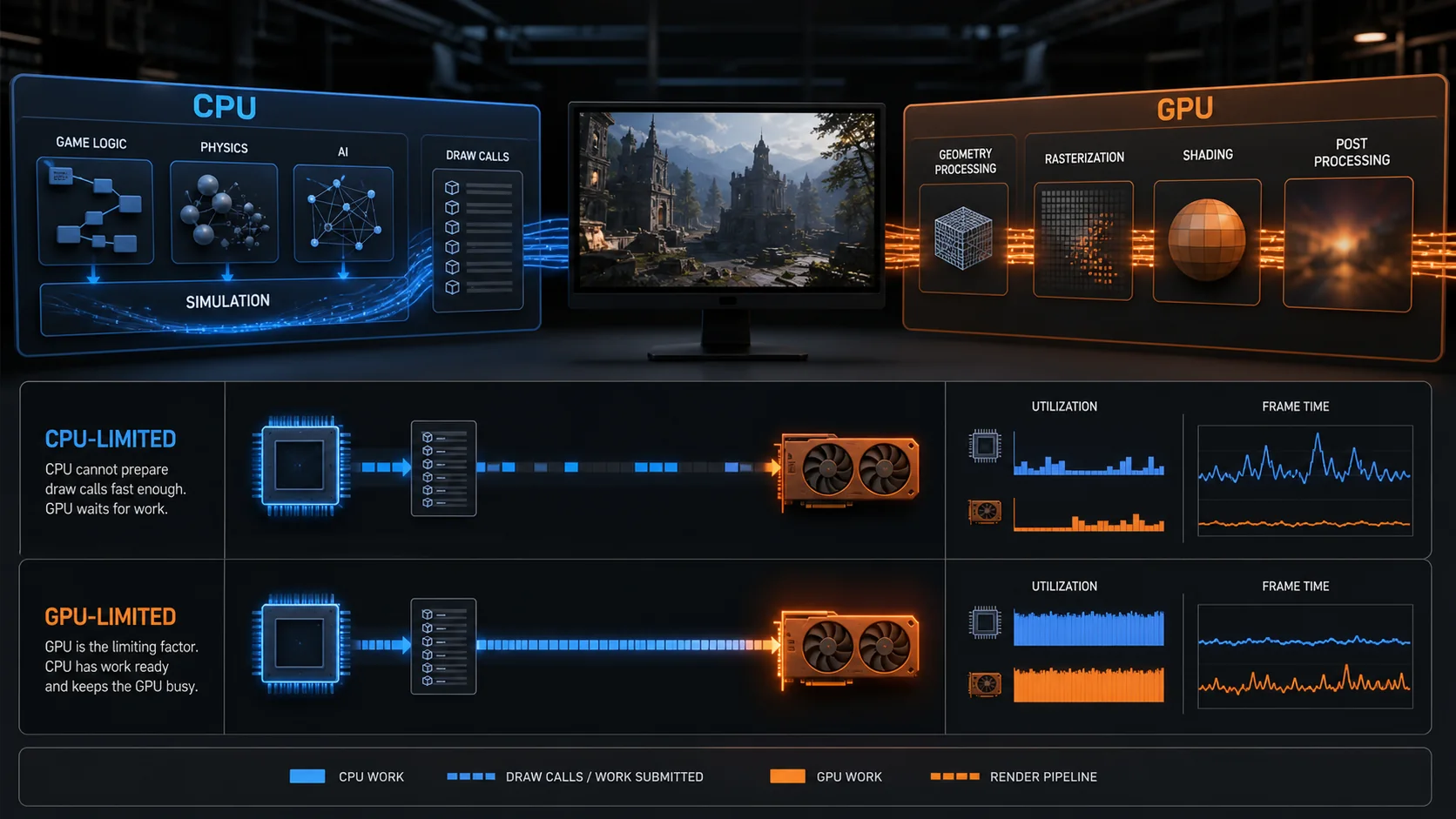CPU limited and GPU limited gaming performance pipelines compared