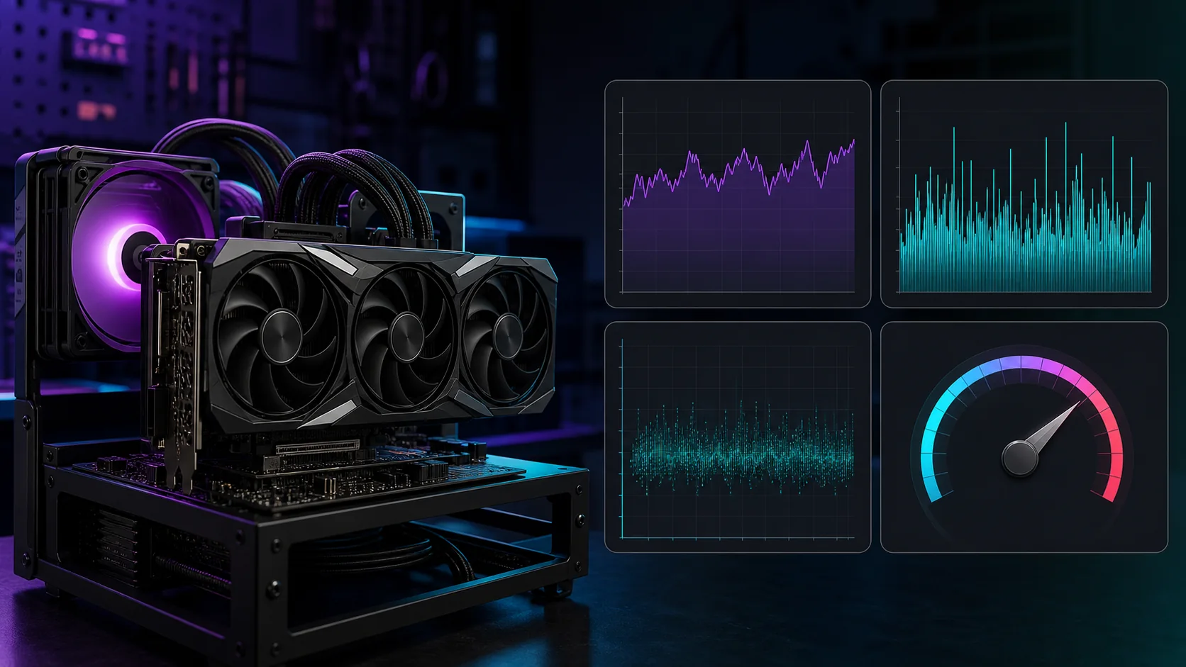 Graphics card on a test bench beside performance graphs and a monitoring gauge