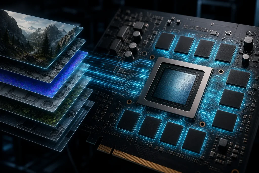 Graphics processor and memory chips receiving layered game texture assets