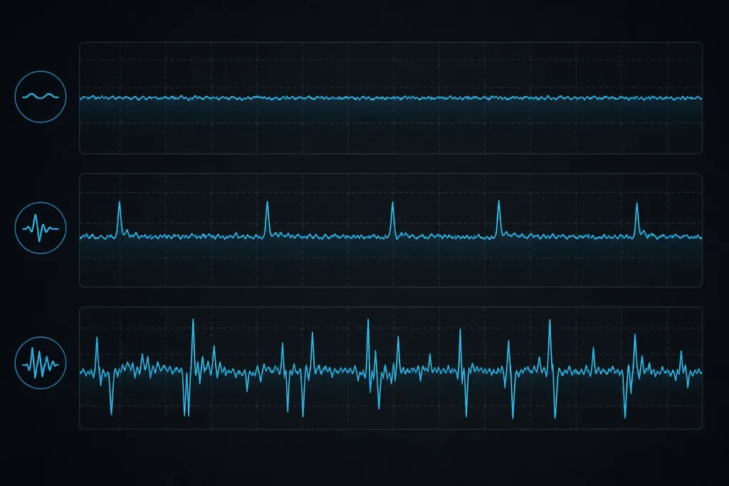 Three frame-time traces comparing smooth delivery, occasional spikes and severe stutter