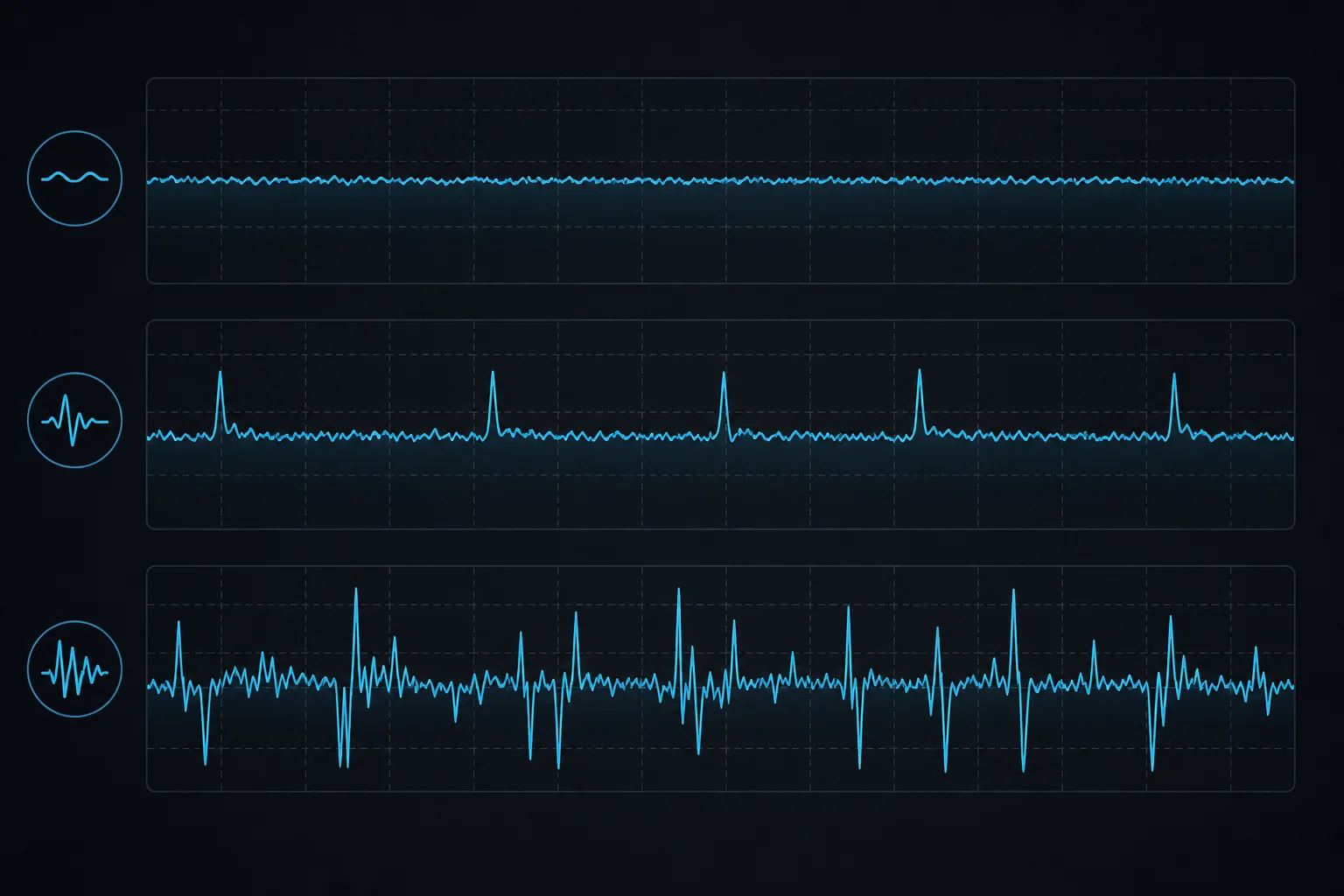 Three frame-time traces showing smooth delivery, occasional spikes, and severe stutter