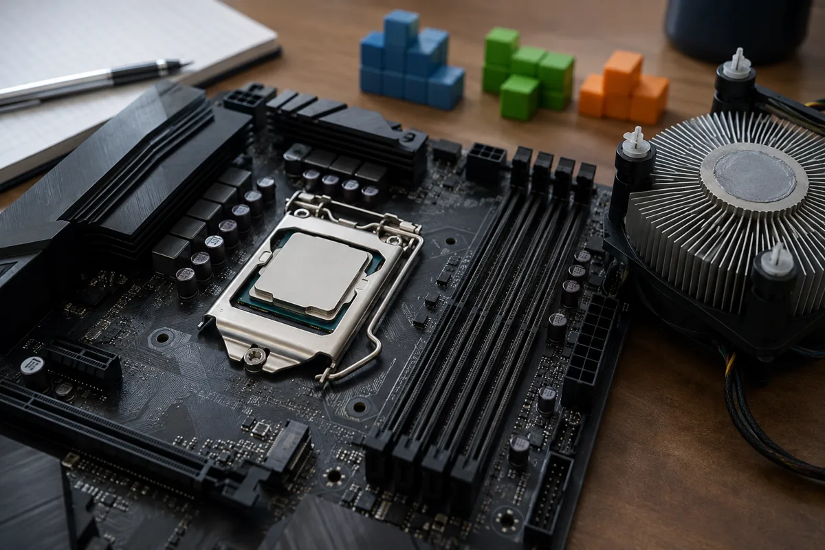 Desktop processor seated in its motherboard socket beside a removed CPU cooler