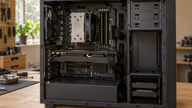 Desktop computer interior with a graphics card and CPU cooler.
