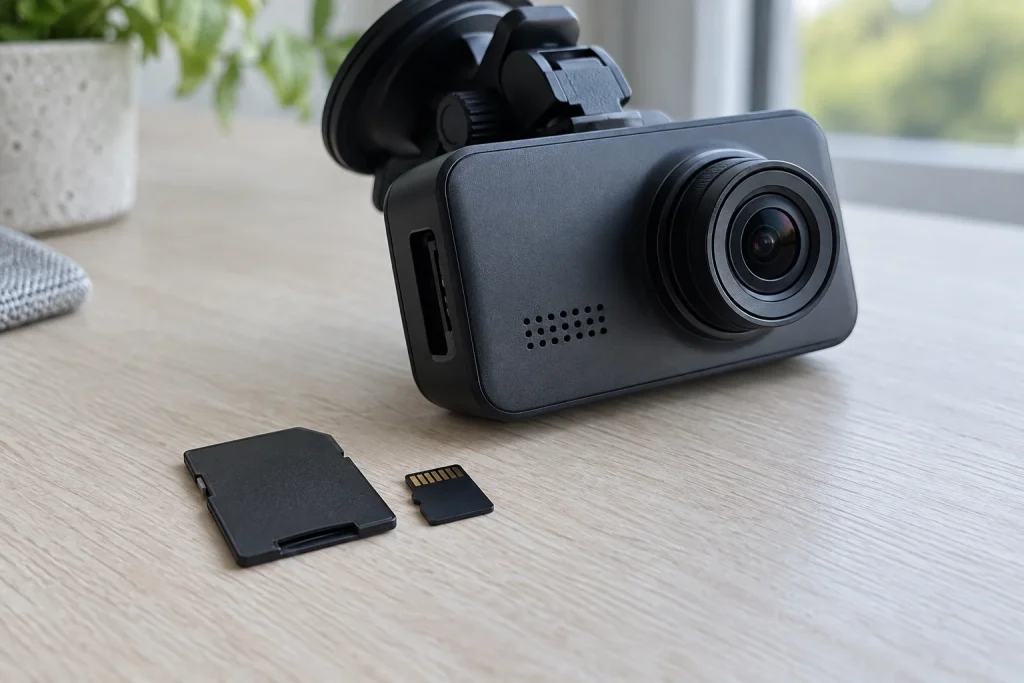 Memory card and SD adapter beside a disconnected dashboard camera